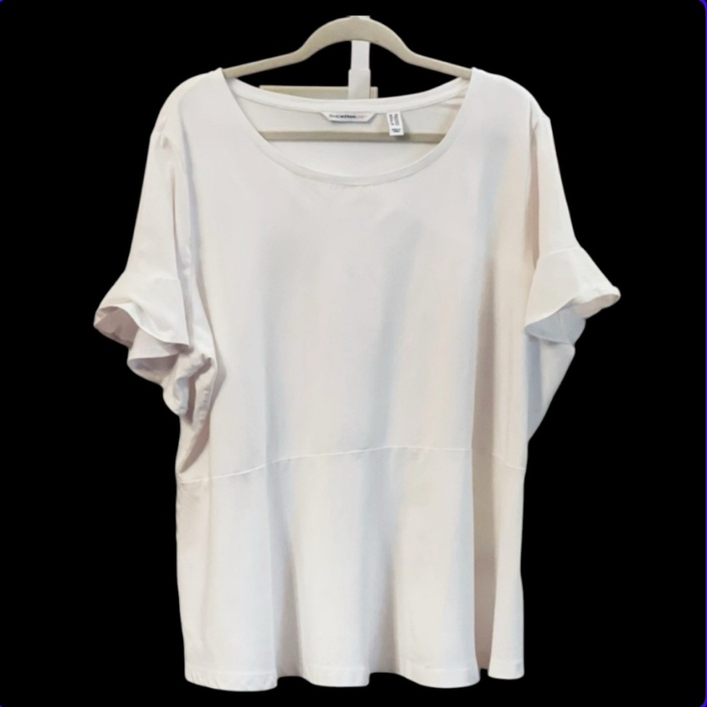 Isaac Mizrahi Live! Knit Peplum Top With Short Ruffle Sleeve. White. Size 2X